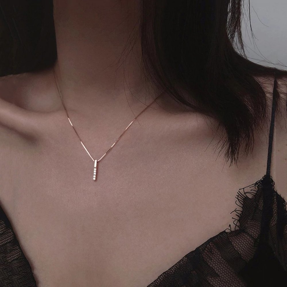 Gold Diamond Strip 925 Sterling Silver Necklace - Picture 5 of 14